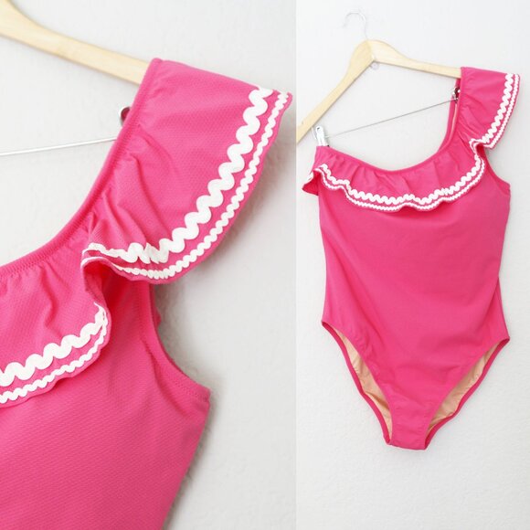 NEW J. Crew Barbie Pink Ruffled One Shoulder One Piece Swimsuit Size 14 $149 NWT - Picture 15 of 16
